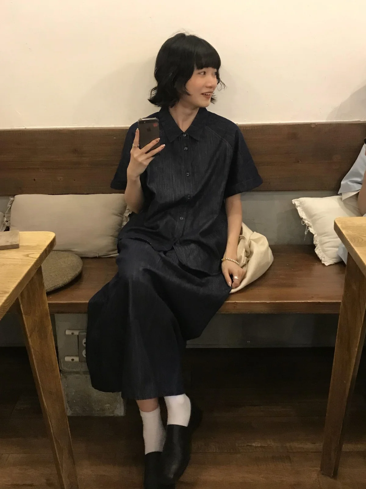 

DesiGar Blue Denim Set Short Sleeve Shirt Half Skirt Two Piece Women Summer Fashionable Vintage Loose Feel Casual Workwear