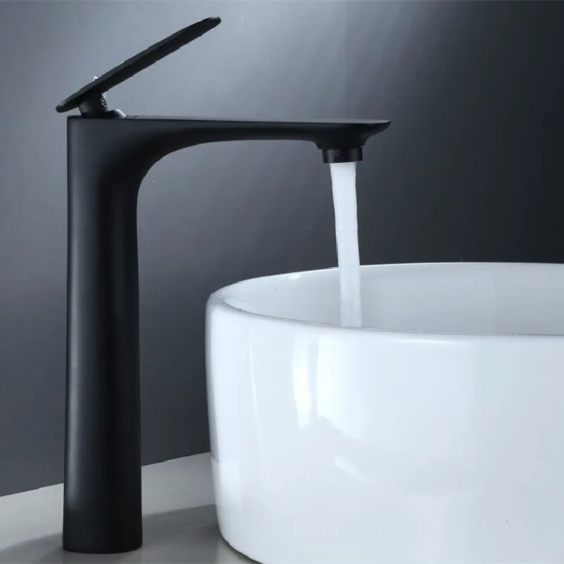 

Black Solid Brass Bathroom Basin Faucets Sink Mixer Hot & Cold Single Handle Deck Mounted Lavatory Copper Unique Design Taps