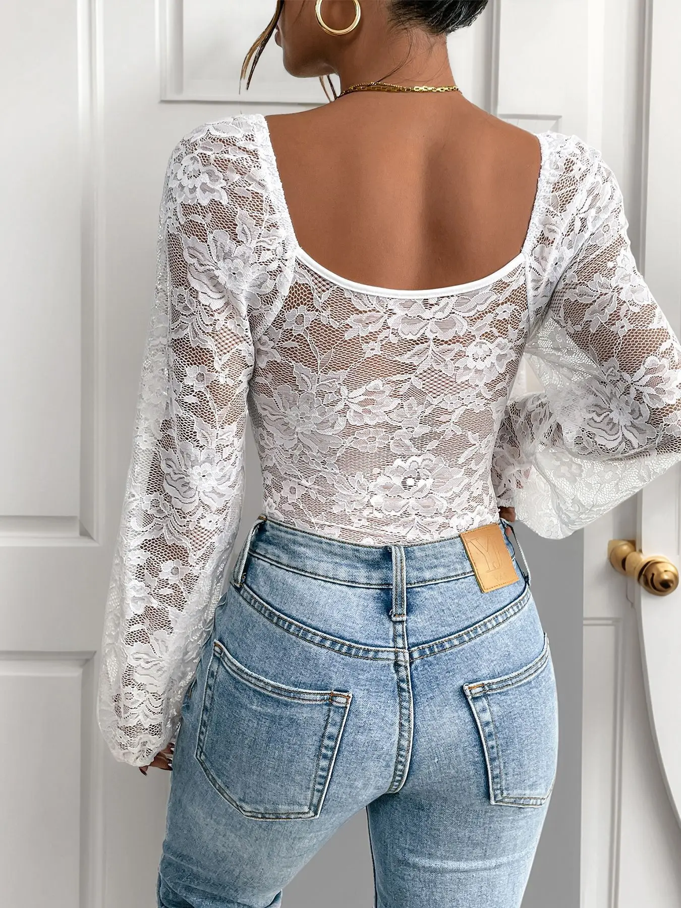 8 Colors Sexy Lace Embroidered Bodysuit Women V-neck Bustier Jumpsuit Top T-shirt Stretchy Lantern Sleeve Spring Autumn 63939