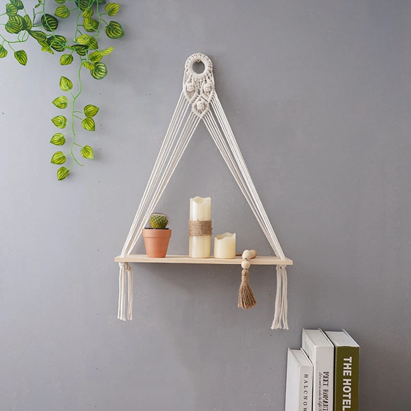 2PCS Hanging Shelf Boho Handmade Bohemian Wooden Plants Floating Rope Shelves Decorative Holder