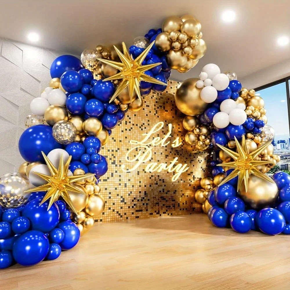 136PCS Royal Blue and Gold Balloon Arched Flower Ring Set for Anniversary Wedding, New Year's Birthday Party Decoration