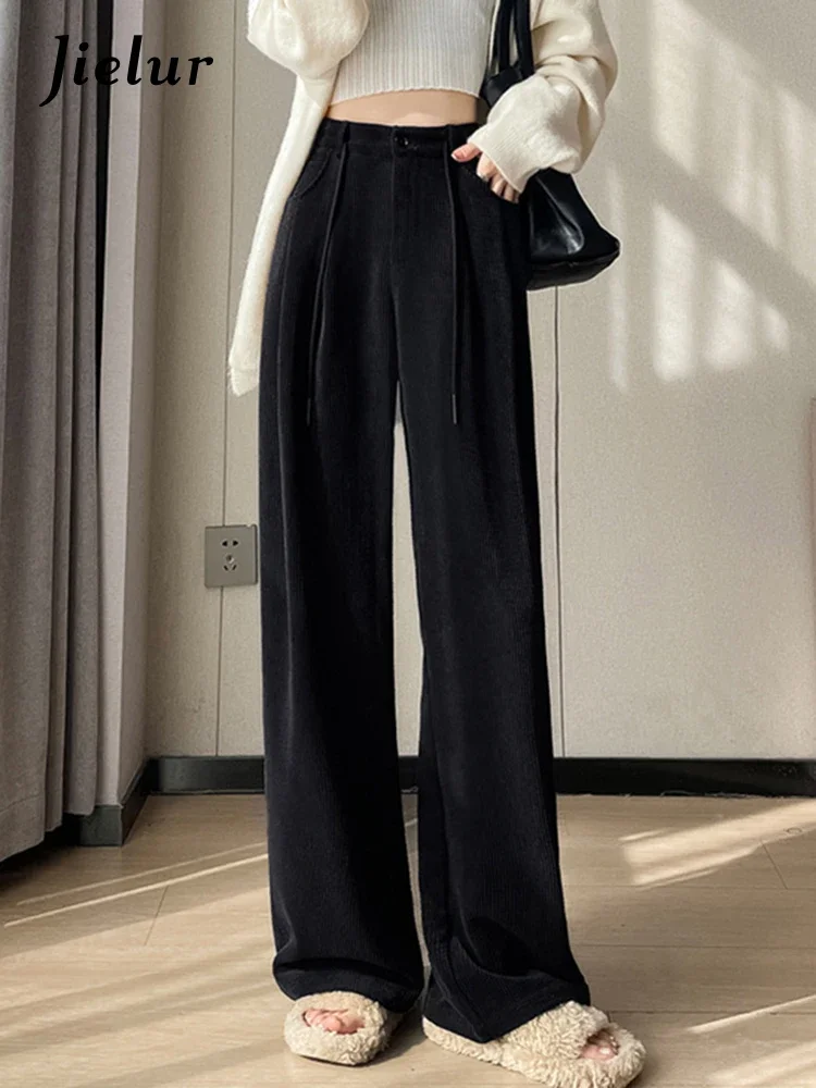 Jielur Chic Lace-up Fashion Office Lady Pants New Solid Color Straight Casual Button Zipper Pockets Basic Female Wide Leg Pants