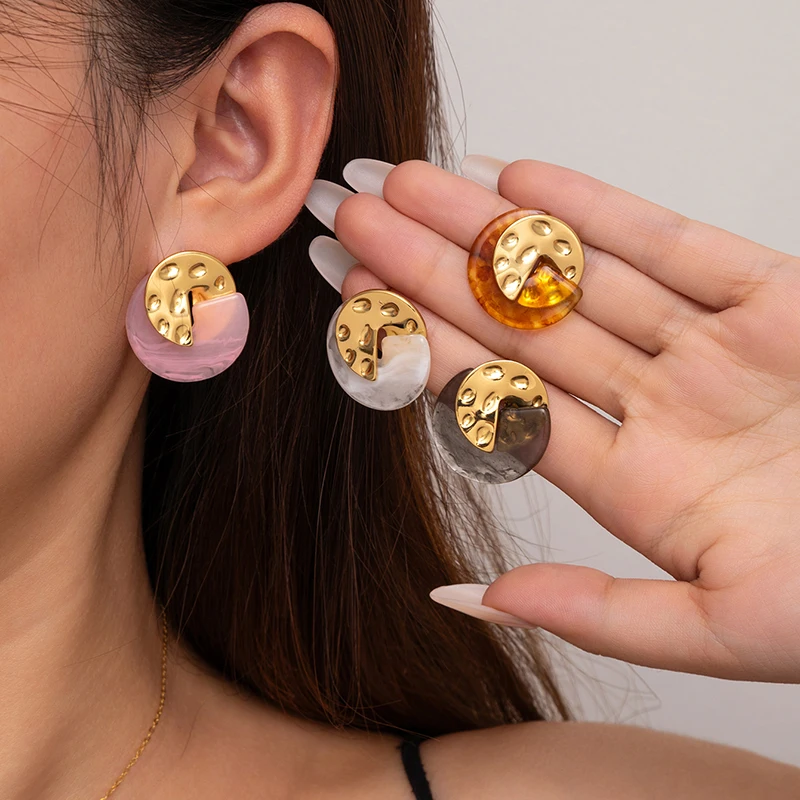ANENJERY 316L Stainless Steel Double Layer Texture Round Stud Earrings For Women Vintage Luxury Niche Romantic Jewelry Gift