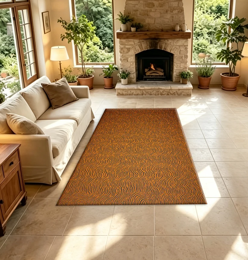 Retro Orange Wavy Line Texture Carpet Flooring Bedroom Non‑Slip Floor Decor Rug