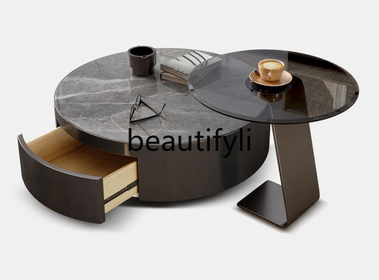 

Italian light luxury rock slab round coffee table combination modern simple household small apartment coffee table