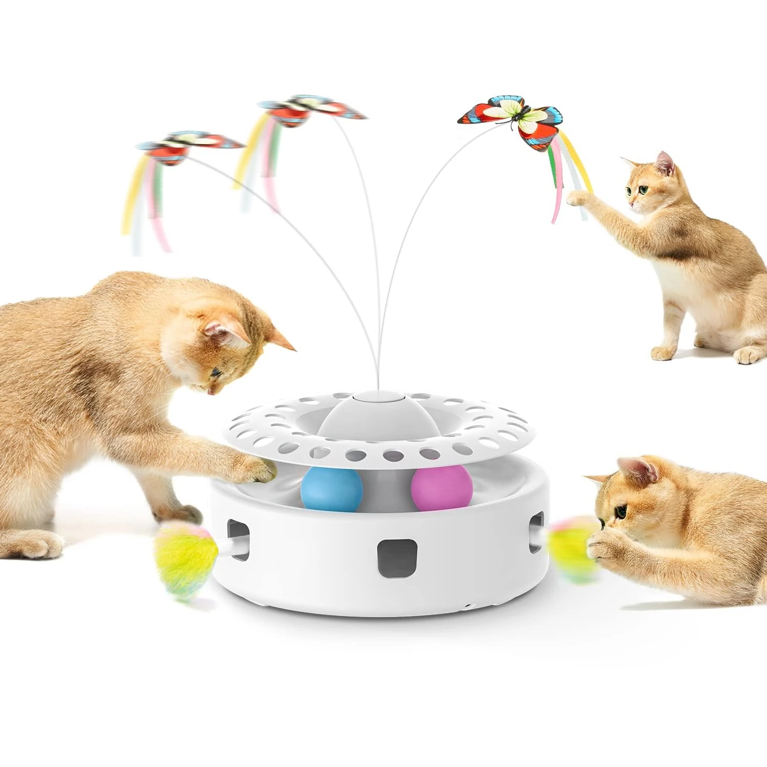 3in1 Automatic Interactive Kitten Toy, Fluttering Butterfly, Moving Ambush Feather, Track Balls,Dual Power Supplies, USB Powered