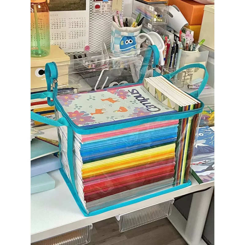 Student book storage, transparent, dustproof, waterproof document, foldable, portable book, learning supplies, organizing basket