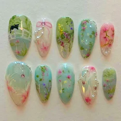 24pcs Long Almond Y2k Nails Press On Nails Pastoral Style False Nails With Designs Wearable Colorful Flowers Fake Nails Finished