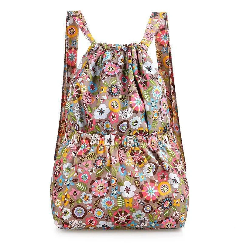 Women Printed Shoulder Bag Large Capacity Drawstring Backpack Lightweight Nylon Wearable Outdoor Travel Hiking Bag Shopping Bags