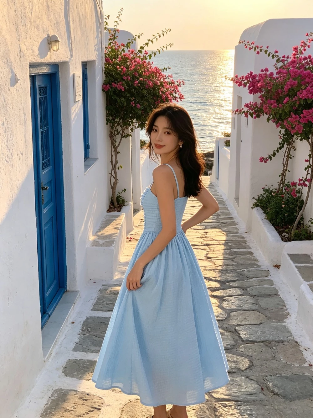 Customized Sky Blue Pleated Backless Camisole Evening Gown with 2026 Textured Fabric and Flared Skirt Suitable for Beach Parties