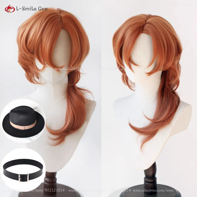 Wig Cosplay Anime Nakahara Chuuya kualitas tinggi Wig kulit kepala kulit kepala keriting oranye panjang Wig pesta sintetis tahan panas + topi Wig