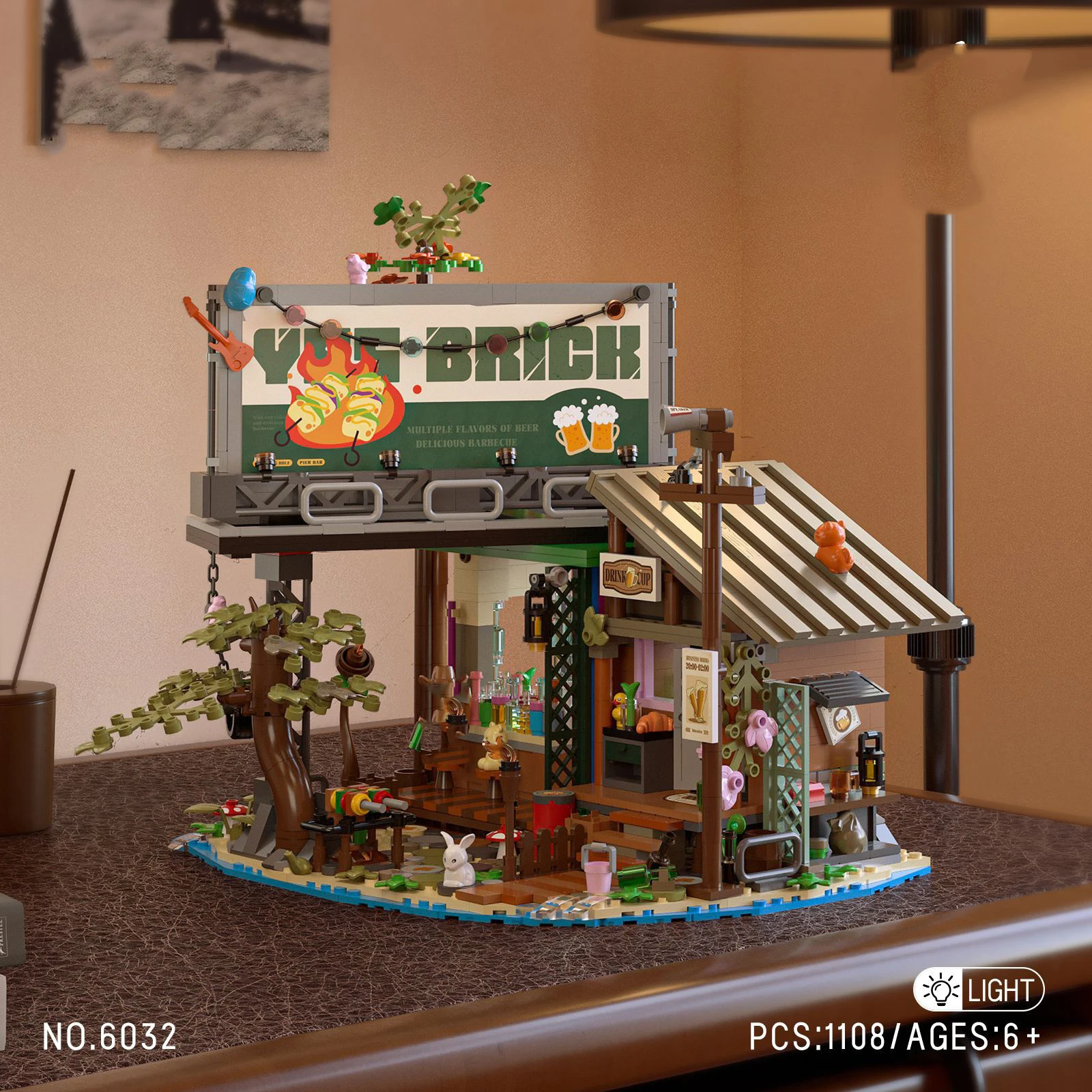 Creative City Street View Mini Block Dock Bar House Construction Building Brick Figures Streetscape Toy With Light For Gifts
