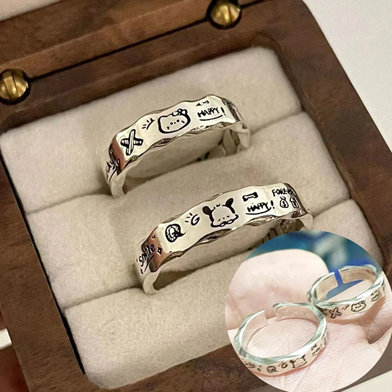 Schattige Sanrio Hello Kitty Pochacco Ring Cartoon Veelzijdige Paar Ringen Minimalistische Graffiti Golvende Rand Ringen Prachtige Mode Cadeau