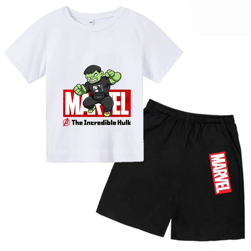 Fun Marvel Avengers Q-Edition Hulk Cartoon Kids' T-shirt and Shorts Set - Cool & Fashionable for Outdoor Leisure