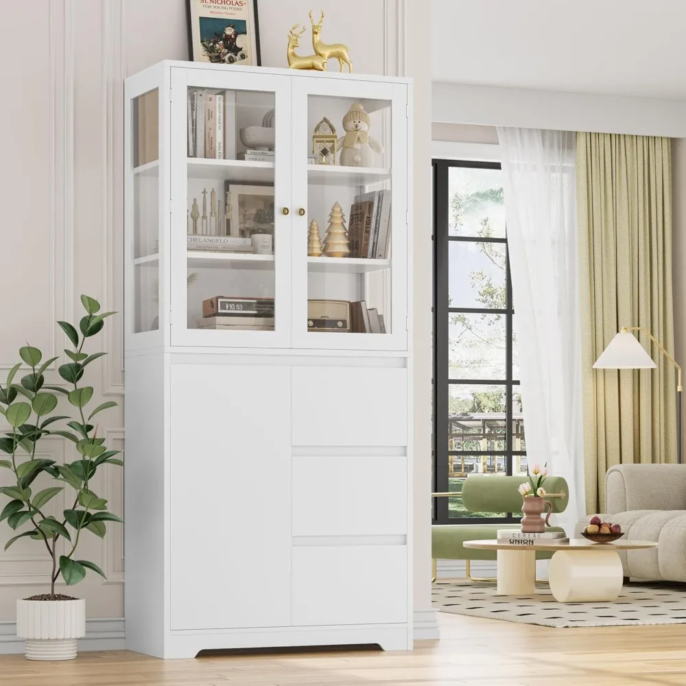 خزانة كتب كبيرة مقاس 71 بوصة مع خزانة عرض زجاجية وأرفف كتب واسعة من 3 طبقات، ورف كتب طويل مع 3 أدراج تخزين، وكابينة صينية #1