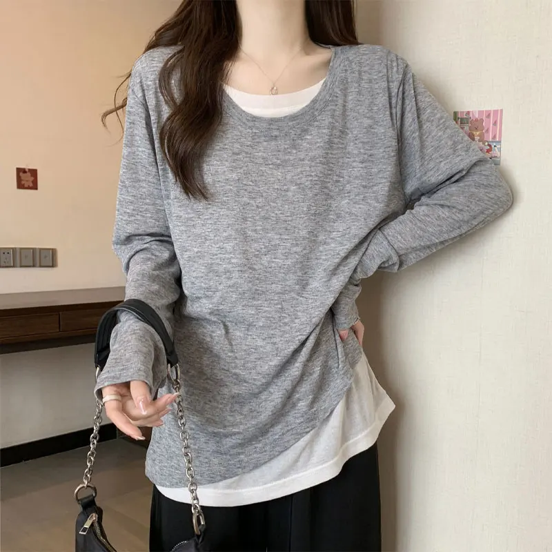 Basic Long Sleeve Loose Pullovers 2024 Spring Autumn Fake Two Pieces Patchwork Women's Clothing Solid Color Asymmetrical T-shirt