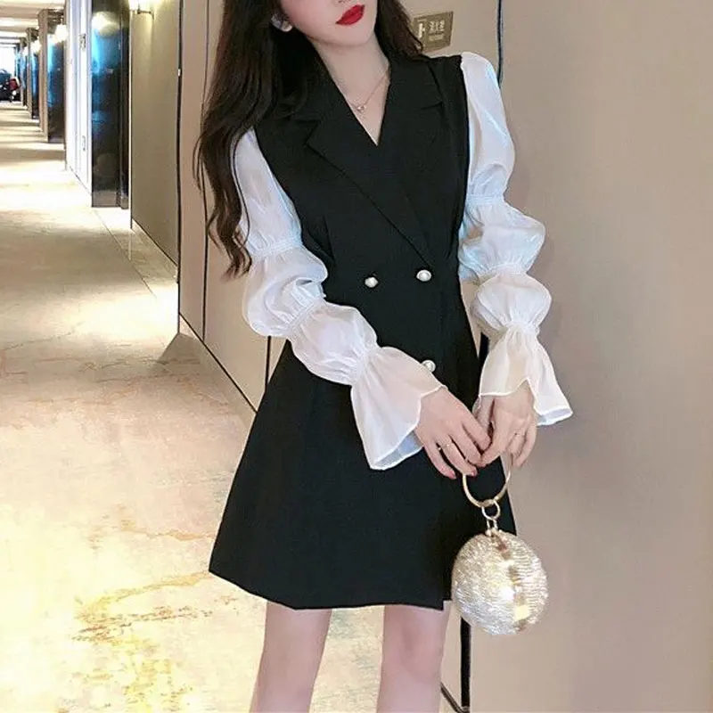 Office Lady Tailored Collar Mini Dress Women's Clothing Double Breasted Waist Spring Autumn Patchwork Aura A-Line Folds Dresses