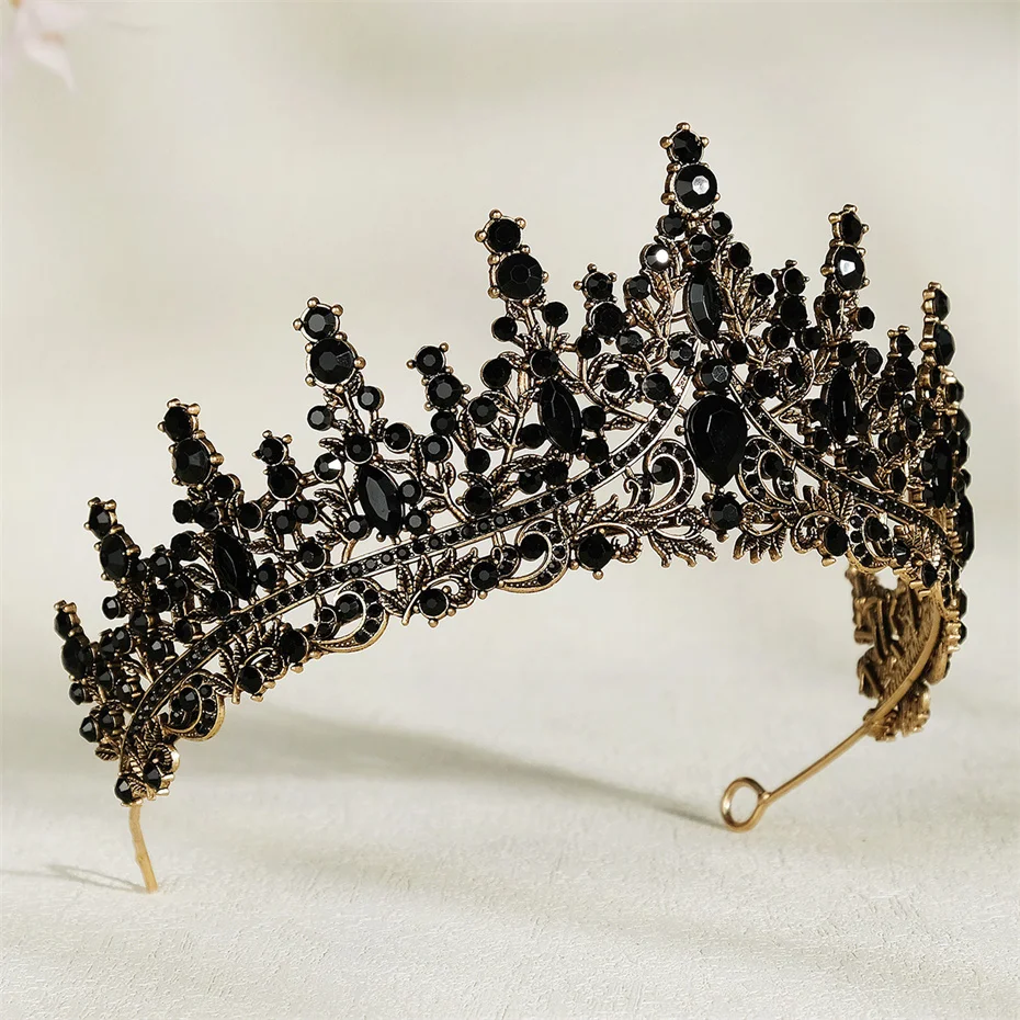 Efily Baroque Vintage Black Rhinestone Crown Tiara Crystal Wedding Hair Accessories Women Headband Queen Princess Head Jewelry