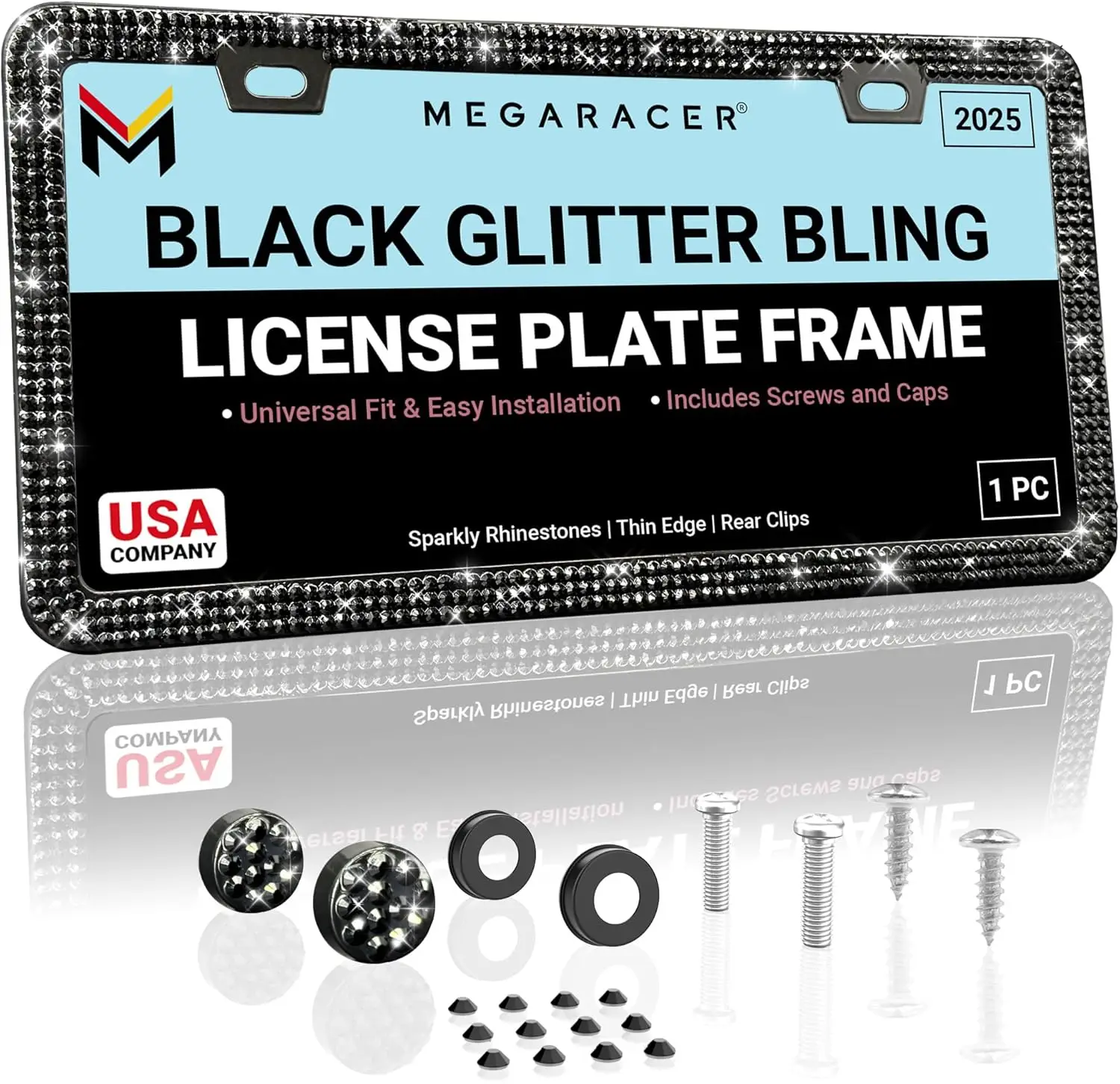 

Bling Rhinestone License Plate Frame for Women - 800 Premium Black Crystals, Rust-Free Stainless Steel, Street Legal Slim Design