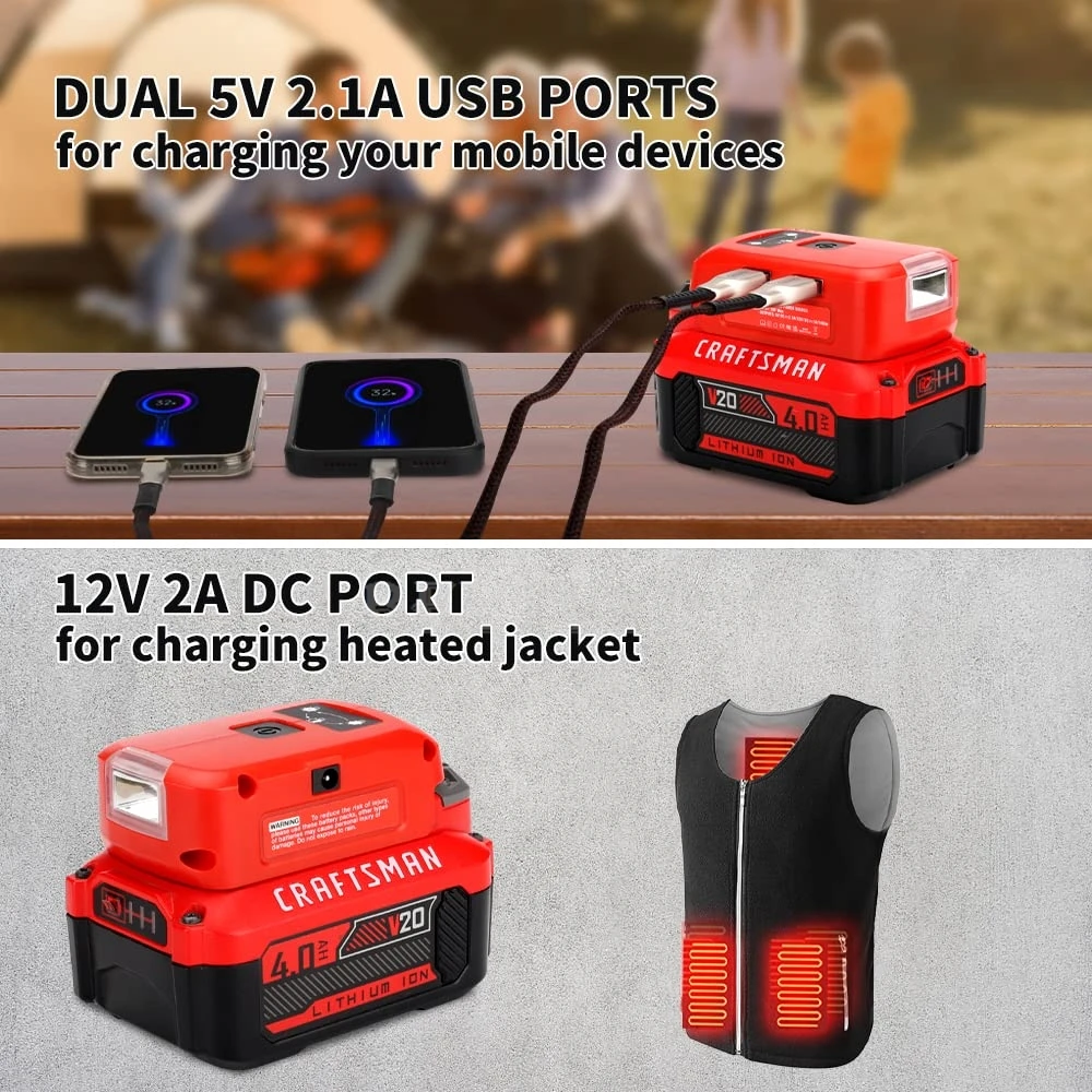 

3 Вт 140LM светодиодный адаптер для аккумулятора, зарядное устройство для Craftsman V20, литий-ионный аккумулятор, 2 порта USB, 12 В постоянного тока, фонарик для кемпинга на открытом воздухе