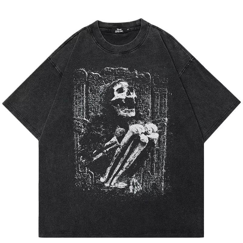 

Hip Hop Streetwear 2024 Men T-Shirt Oversized Vintage Skull Graphic T Shirt Retro Washed Black Tshirt Cotton Unisex Tops Tees