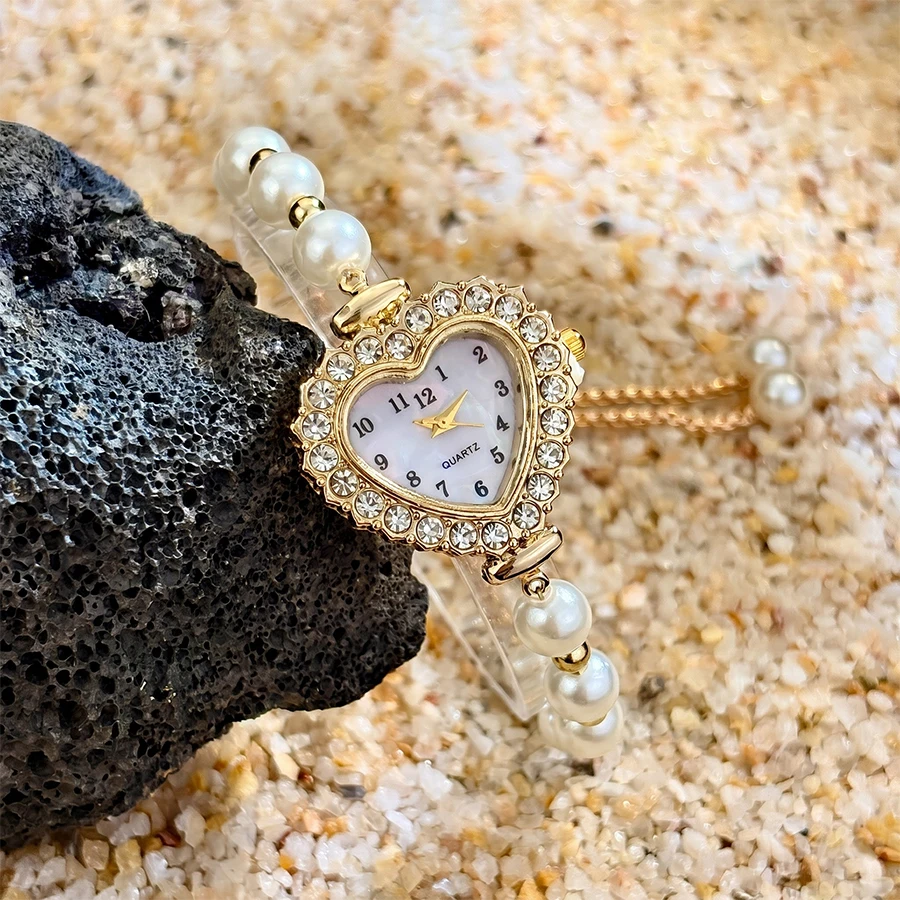 Elegant Heart-Shaped Dial Pearl Drawstring Bracelet Watch for Women