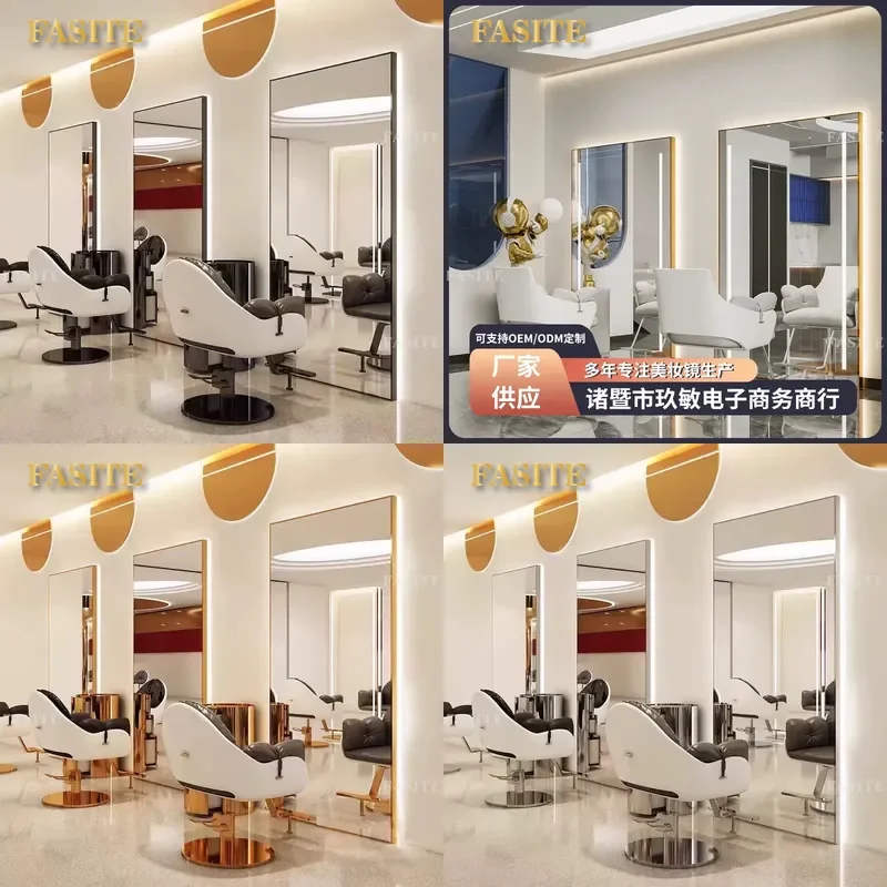 For Barber Shop Wall Mounted Floor to Ceiling Mirror Table Single Double Sided with Lights Commercial Hairdressing Station