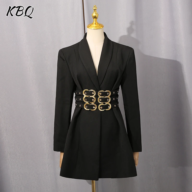 

KBQ Temperament Spliced Sashes Tunic Jackets for Women Notched Neck Long Sleeve Slimming Solid Fashionable Coats Female Autumn