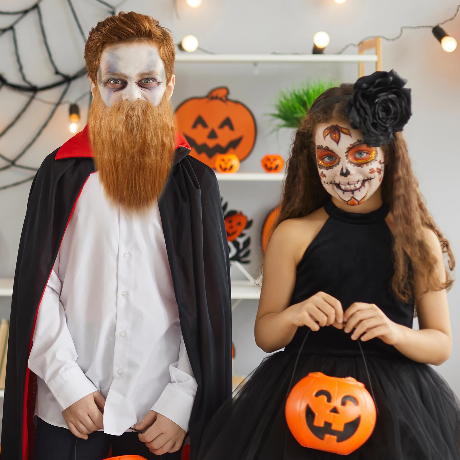 

2pcs Fake Beard Mask Orange Long Hair For Halloween Costumes Party Favors Masquerade Decorations Facial Hair Accessories Cosplay