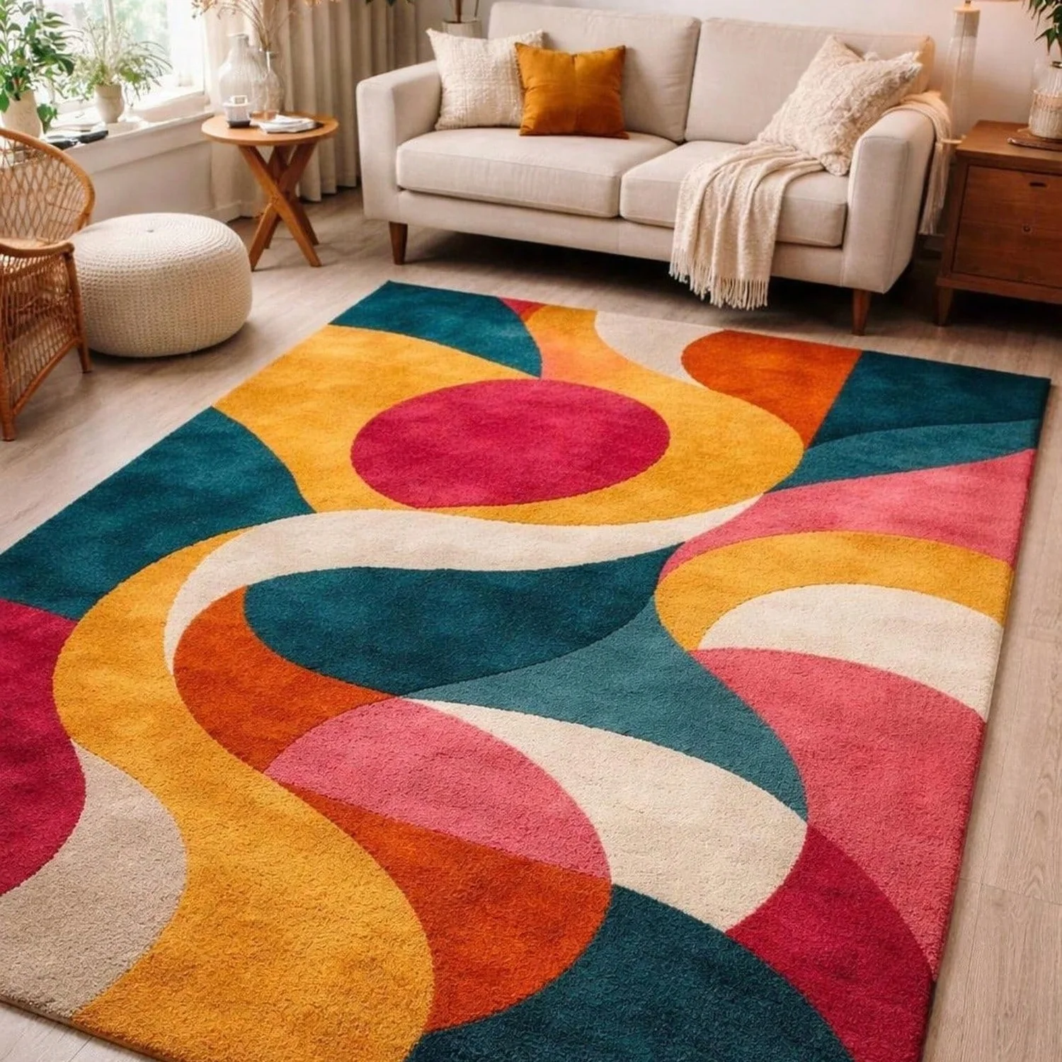 Wool Carpet with Modern Abstract Design, Tufted Carpet with Colorful Geometric Patterns, Suitable for Luxurious Rooms.
