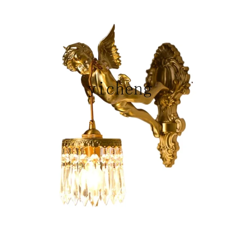 

ZK Copper Angel Wall Lamp Middle-Ancient Living Room Bedroom Study Aisle Wall Lamp Retro Affordable Luxury Crystal Lamp