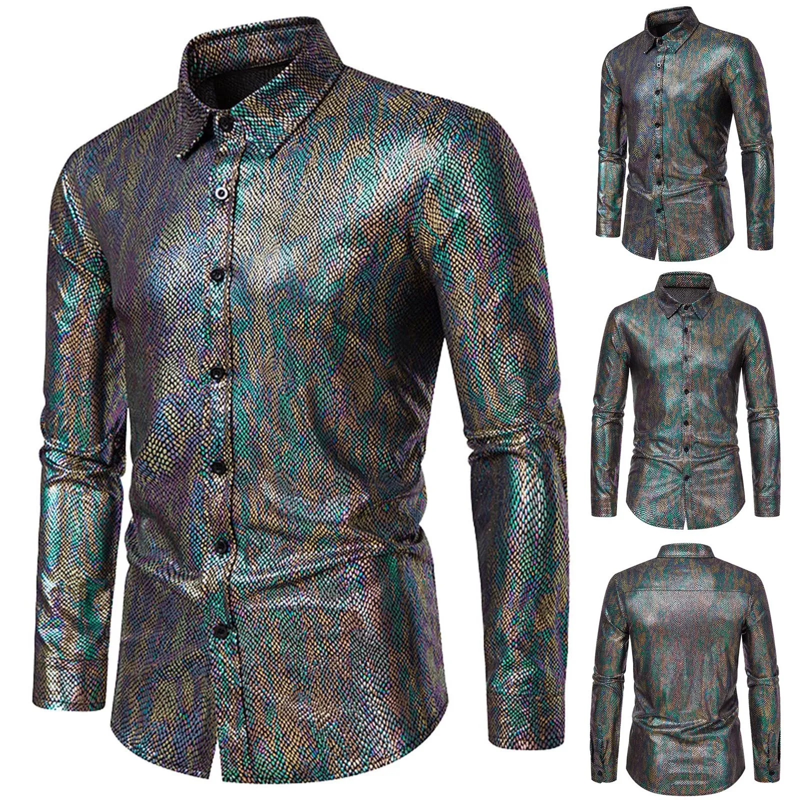 

Men's Shiny Color Sequin Nightclub Shirt 2022 Brand New Slim Fit Party Wedding Glitter Men Dress Shirt Stage Singer Prom Costume