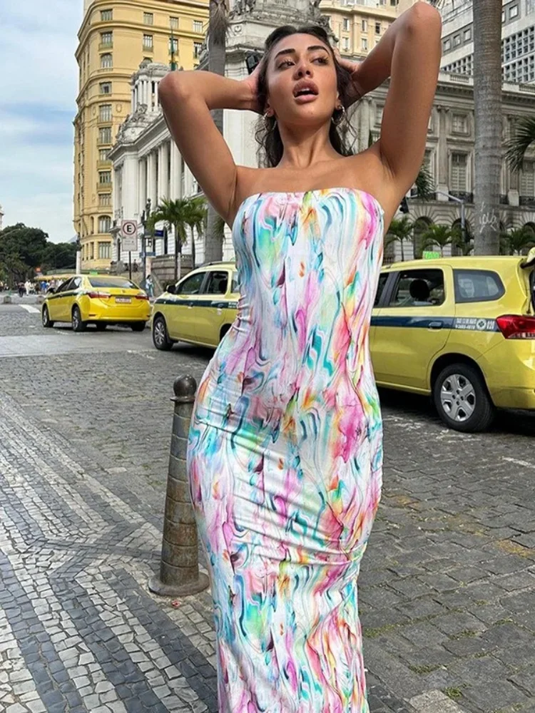 Vestido ajustado sin tirantes Para Mujer, estampado Multicolor, elegante, ropa de calle sin mangas, Y2k, abertura en la espalda