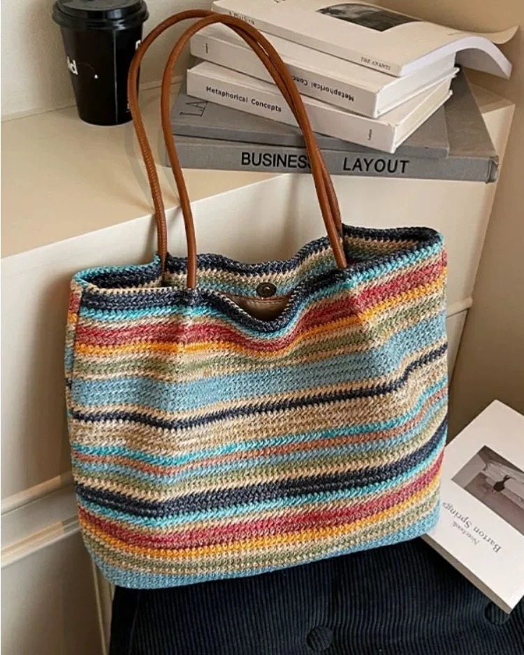 2026 Summer New Stripe Color Block Tote Bag Artistic  Shoulder Bag High-End Lazy Style Handbag Casual Simple Leisure Mag...