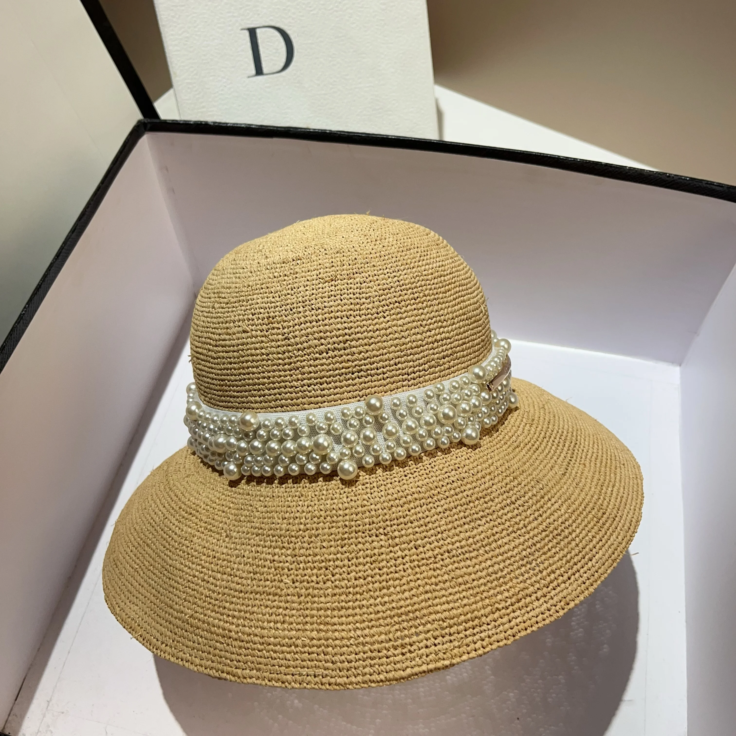 High quality natural raffia straw hat for outdoor shading and sun protection pearl woven ribbon straw hat for summer beach tourm