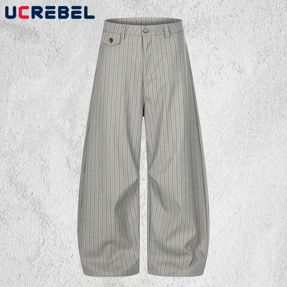 Vertical Stripes Pleated Trousers Retro Lazy Casual Baggy Loose Wide-leg Scimitar Pants Man