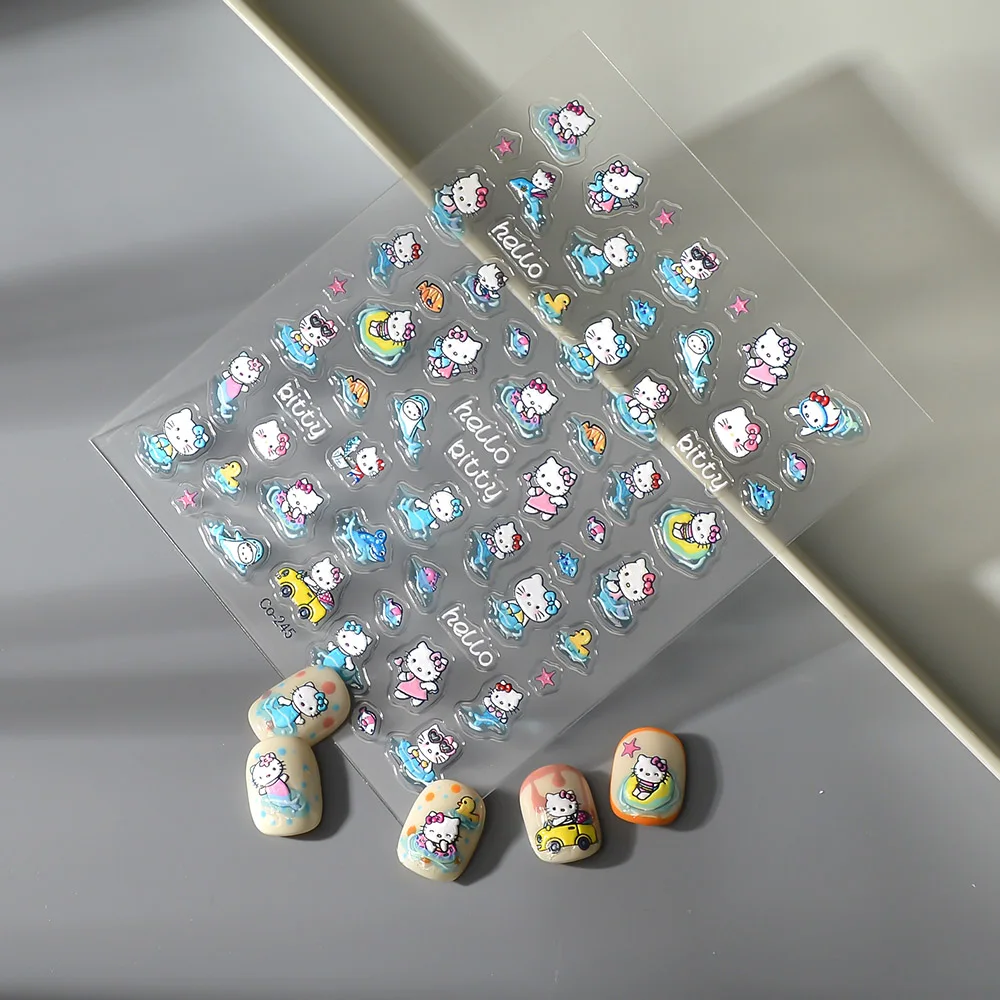 1PCS 5D Sanrio Nail Stickers Adorable Round-Faced Hello Kitty Nail Art Decorations Red Bow Charming Cat Girl Stickers