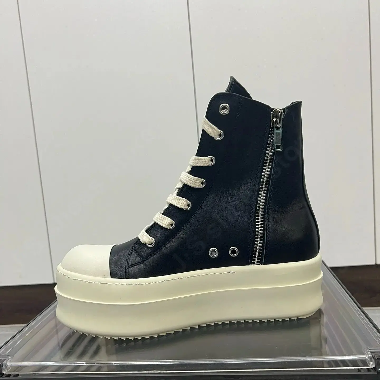 Ricks Luxury Men Shoe Women Sneaker Ankle Boot Owens High Top Casual Shoes Black Leather ZIP Laces 6cm Thick Sole Sneakers Boots