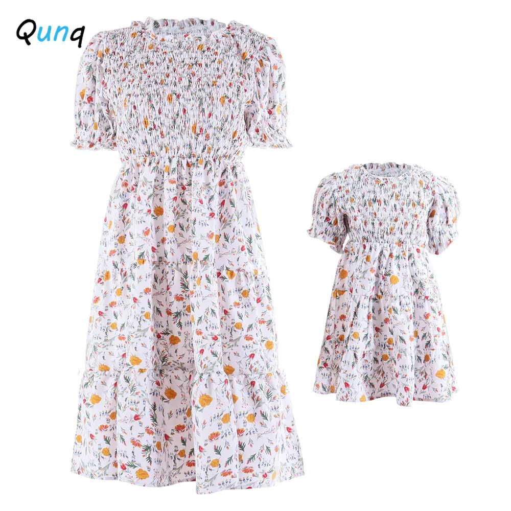 Qunq Spring Summer New Parent-Child Outfit Floral Candy Lovely Bubble Sleeves Sweet Dress Mommy And Daughter Matching Clothes