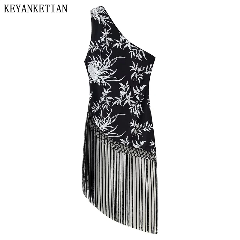 KEYANKETIAN 夏新ホリデー風タッセル装飾ワンショルダー非対称ドレス女性のフラワープリントノースリーブドレス