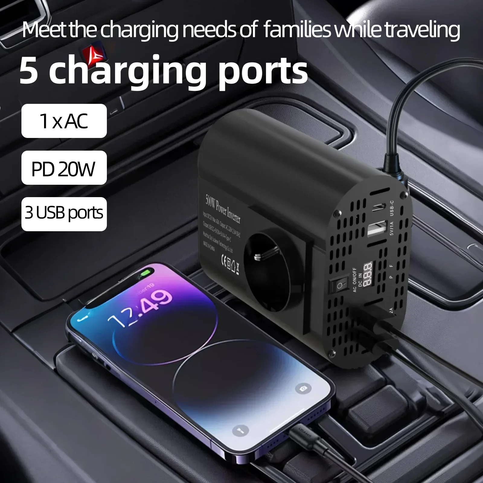 400W/500W/1500W Car inverter DC 12V to AC 220V converter, 3USB 2.0 and 1USB QC3.0 European standard socket