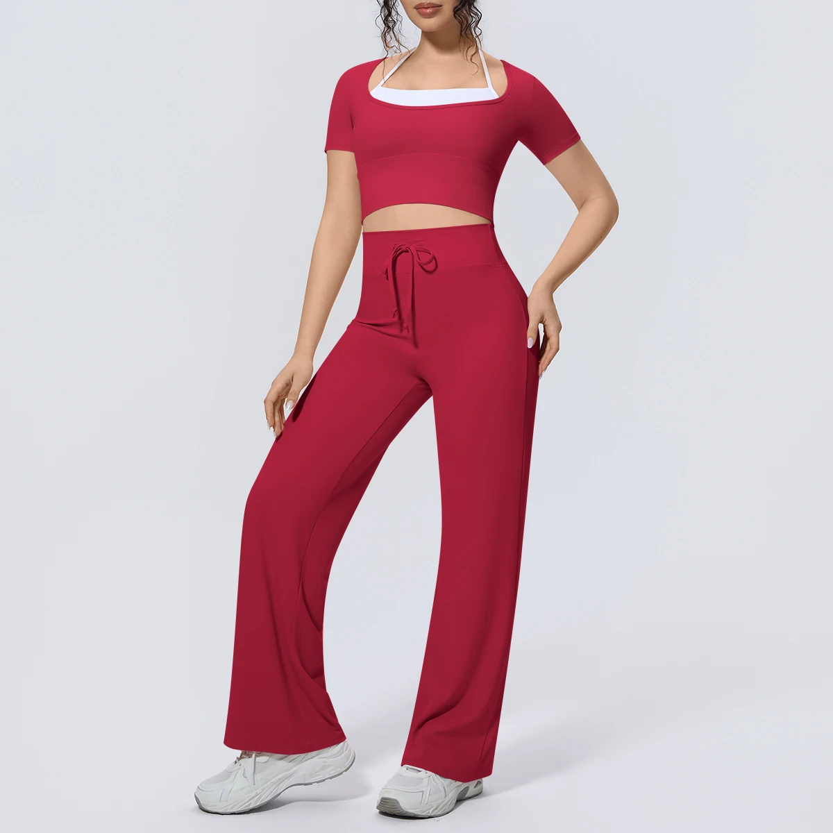 2PCS/set Woman Yoga Set Summer Running Cycling T-Shirt Workout Top Solid Color Quick Drying Drawstring Yoga Pants Gym Yoga Set