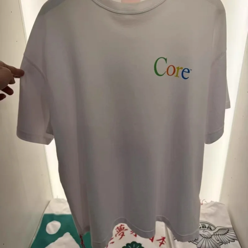 High Quality Breathable Cotton Beams Tshirts Rainbow Colored Letter Logo Bite Apple Print Round Neck Short Sleeve Men Women Tee