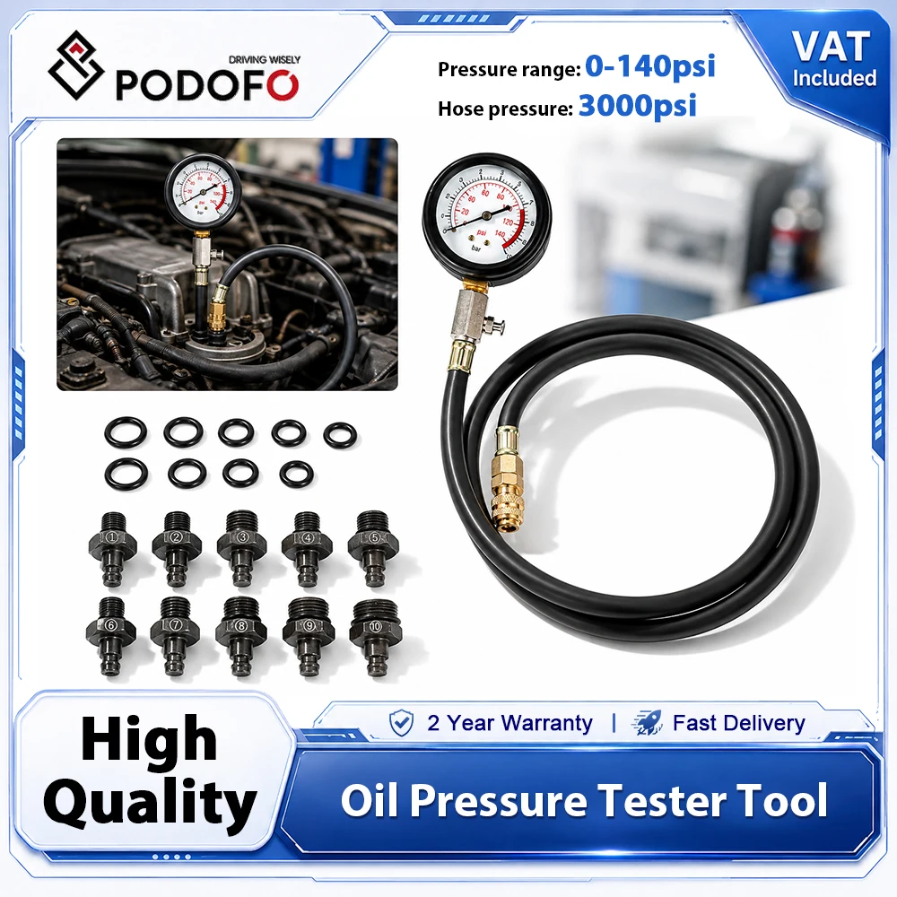 Kit Tester Pressione Olio Motore Podofo 0-140PSI 0-10Bar Manometro a Doppia Scala Tubo da 4FT 11 Adattatori Valvola a Sgancio Rapido Valigetta per Auto Camion Moto Diagnostica e Riparazione Motori a