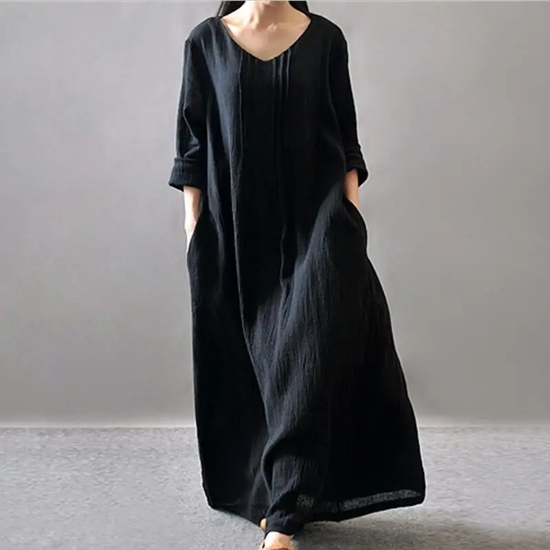 Autumn 2026 Loose Cotton Linen Long Dress Ladies Solid Color Vintage Maxi Dress Spring Female Robe Casual Loose Dresses Vestidos