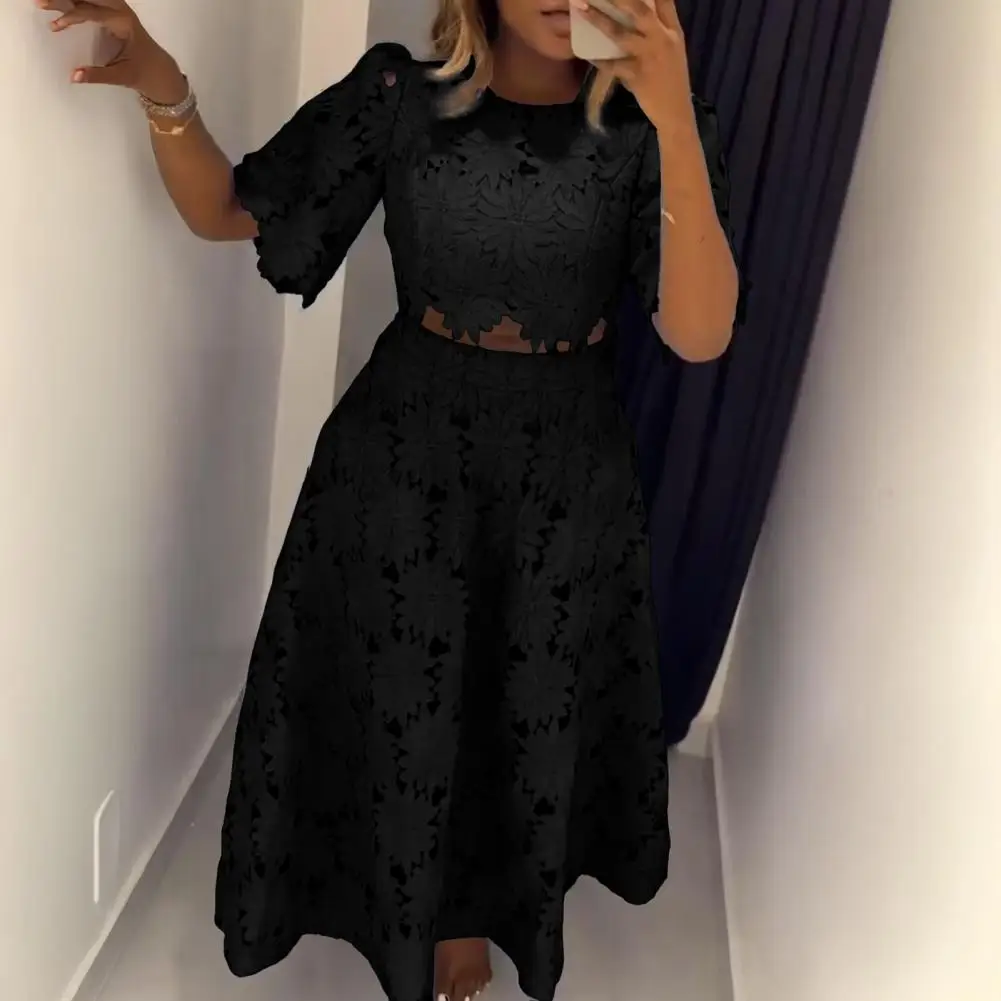 2026 Fashion Design Skirt Suit Women's Hollow Out Flower 2 Piece Outfits Short Sleeves blouse top High Waisted Maxi Skirt Set