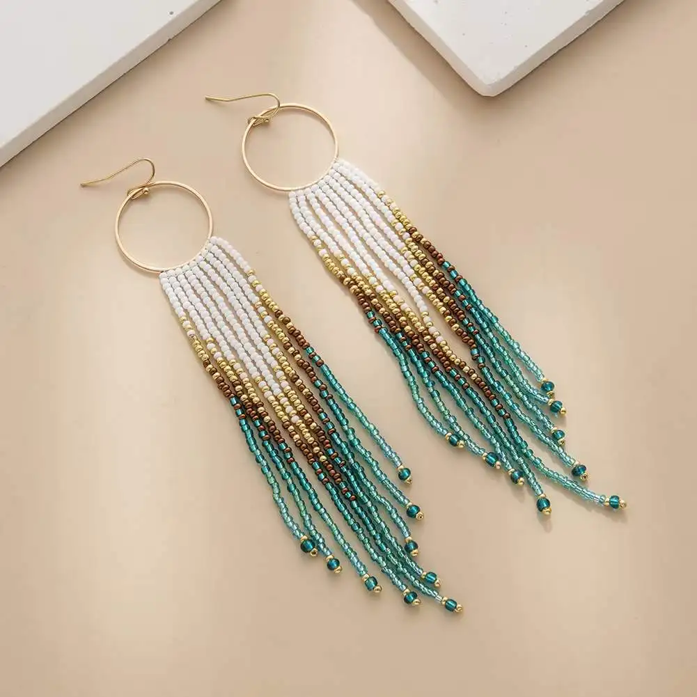 Beaded earrings Circle Gradient Originality Hand knitting Bohemia Alloy Fashion Simple Rice bead earrings