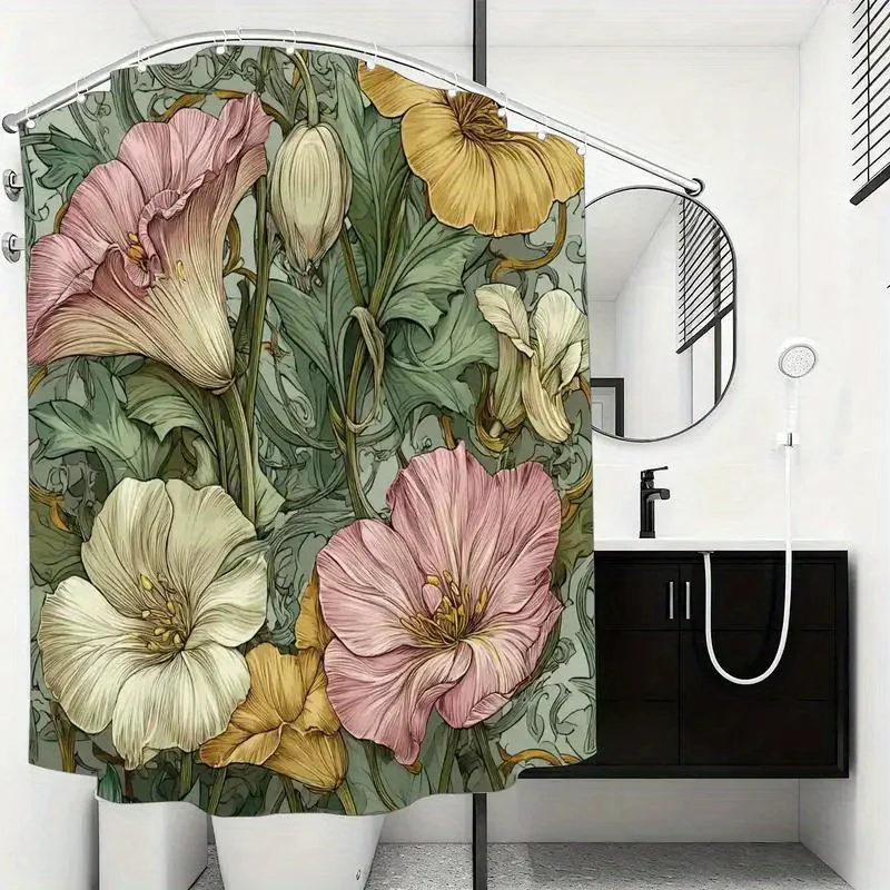 Art Nouveau Floral Shower Curtain – Pink  Yellow Blooms with Green Vine Scrollwork, 12 Hooks, 70.87×70.87