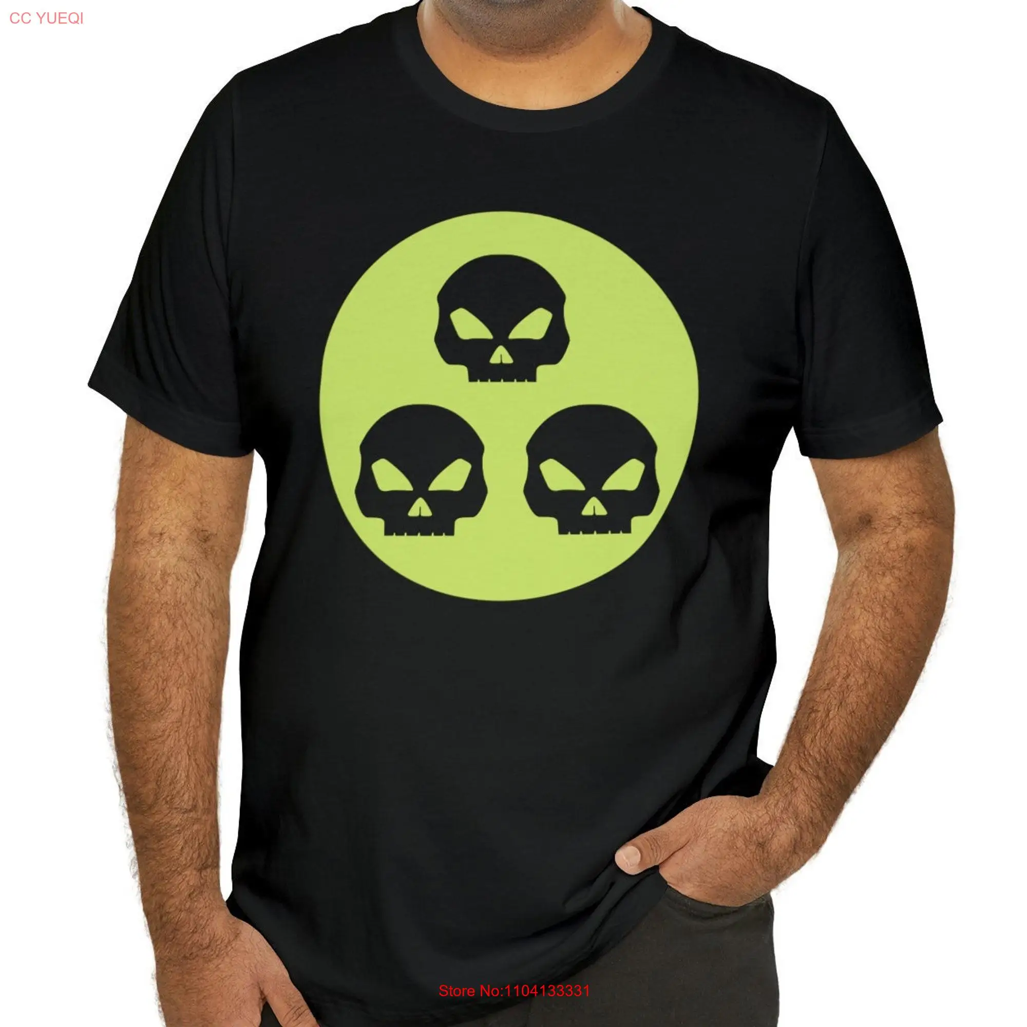 Lime Green Circle with Black Skulls Men's T Shirt Three Skull Heads Jersey  Sizes S 3XL  long or short sleeves