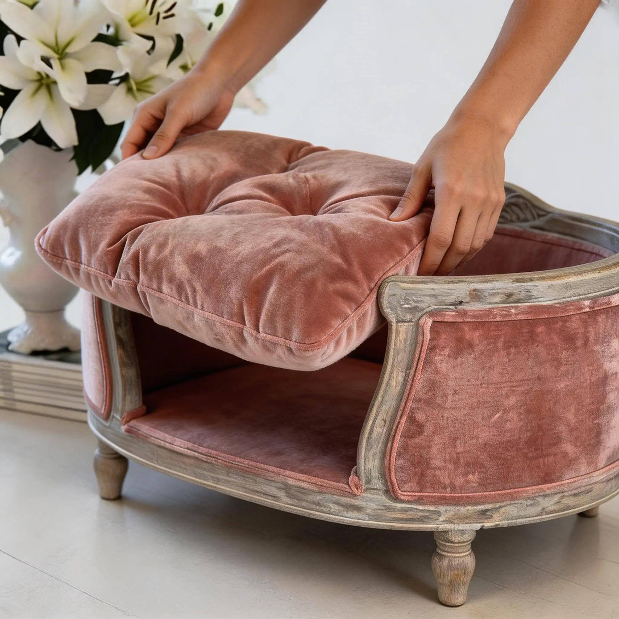 Elevated Curved Velvet Pet Sofa Bed With Washable Cushion Luxury Furniture - view 2